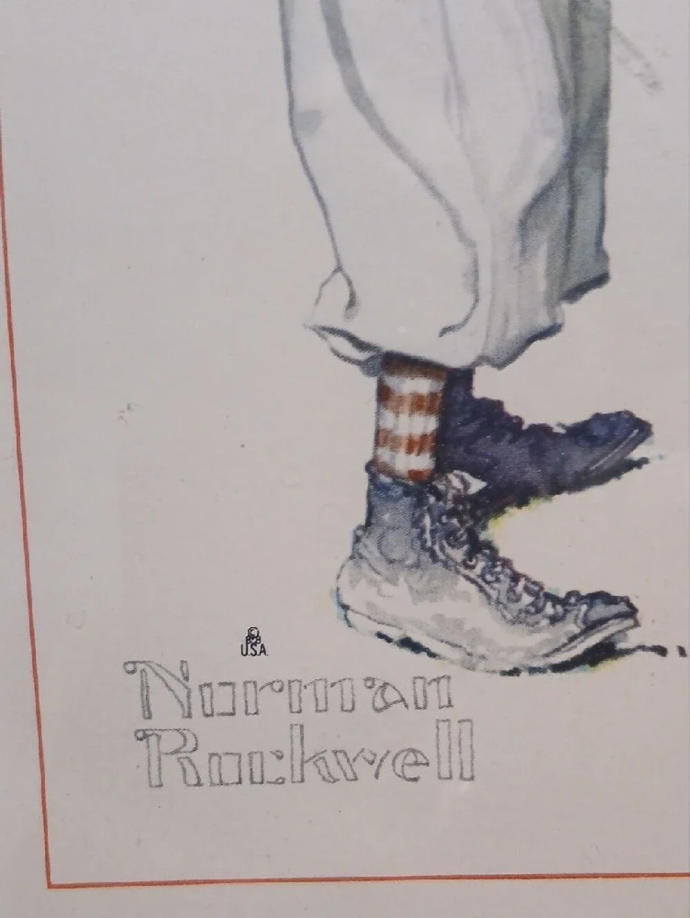Norman Rockwell Boys in Baseball Uniforms with Orange Caps and Blue Shoes